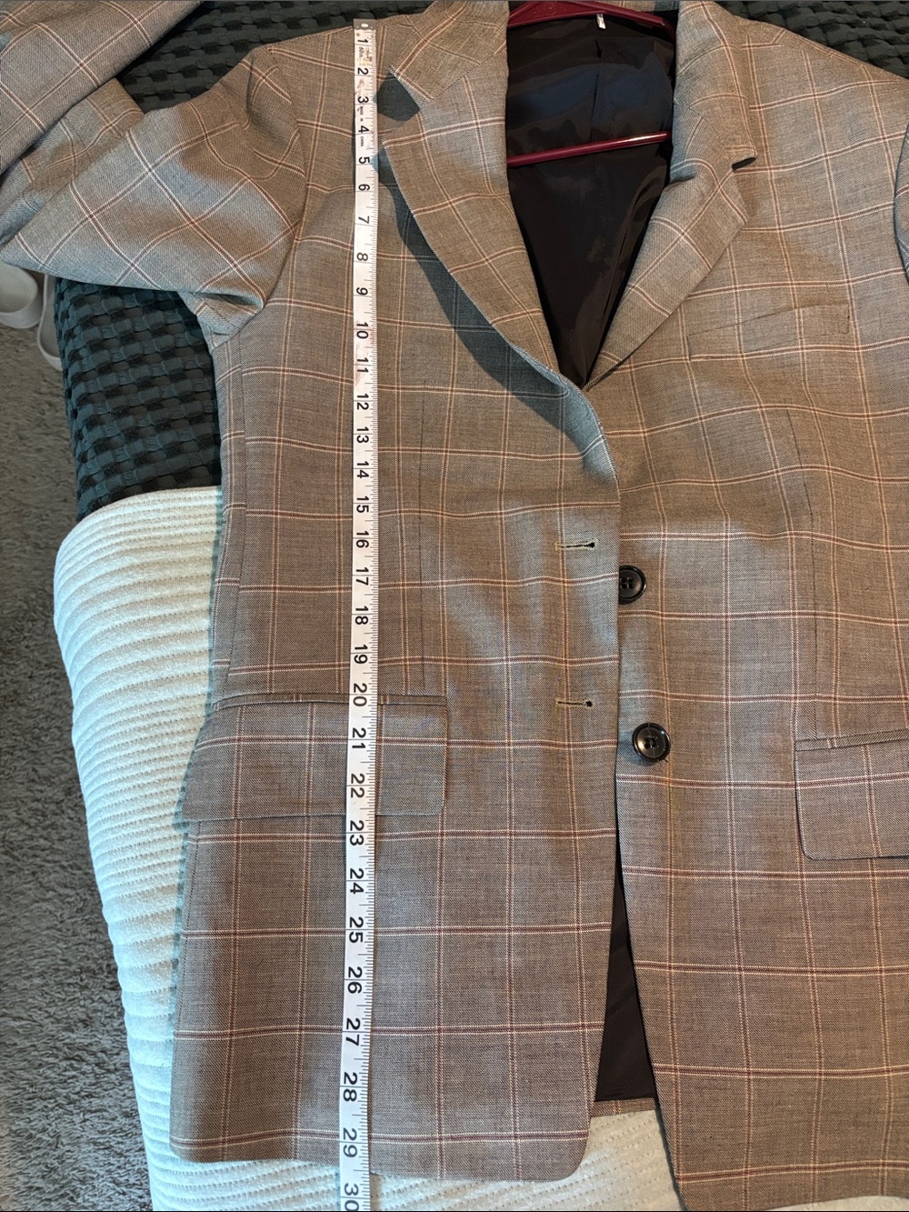 FRAME Women’s Plaid Windowpane Blazer L Gray Taupe Red Tailored - Picture 12 of 13